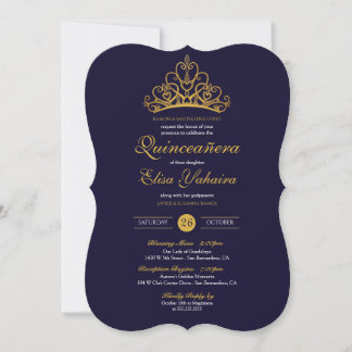 Royal Blue Gold Tiara Crown Elegante Quinceañera Einladung