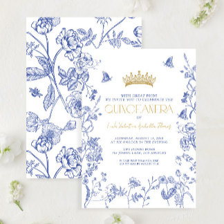 Royal Blue Gold Tiara Floral Butterfly Quinceañera Einladung