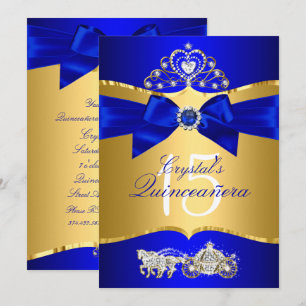 Royal Blue Gold Tiara Pearl Bow Quinceanera Einladung
