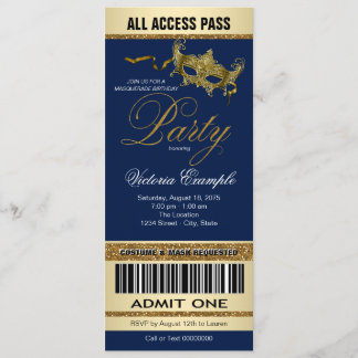 Royal Blue Gold Ticket Style Masquerade Party Einladung