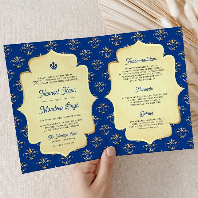 Royal Blue Gold Verziert Anand Karaj Sikh Wedding Einladung (Von Creator hochgeladen)