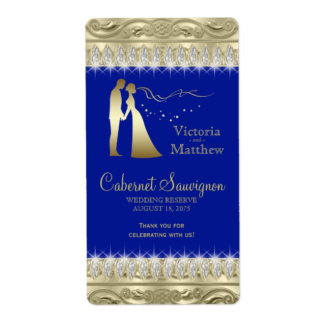 Royal Blue Gold Wedding Wine Labels (Vorne)