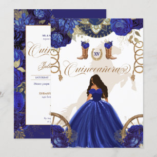Royal Blue Gold Western Charro 2-seitige Quinceane Einladung