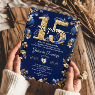 Royal Blue Golden Mis Quince 15 Quinceañera Einladung
