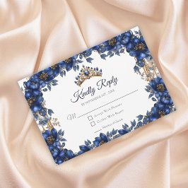 Royal Blue Golden Tiara Floral Quinceañera RSVP Karte