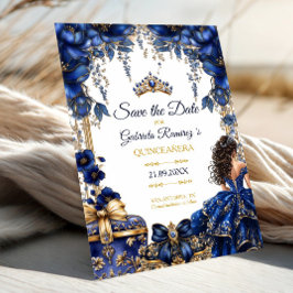 Royal Blue Golden Tiara Floral Quinceañera Save The Date
