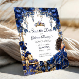 Royal Blue Golden Tiara Floral Quinceañera Save The Date