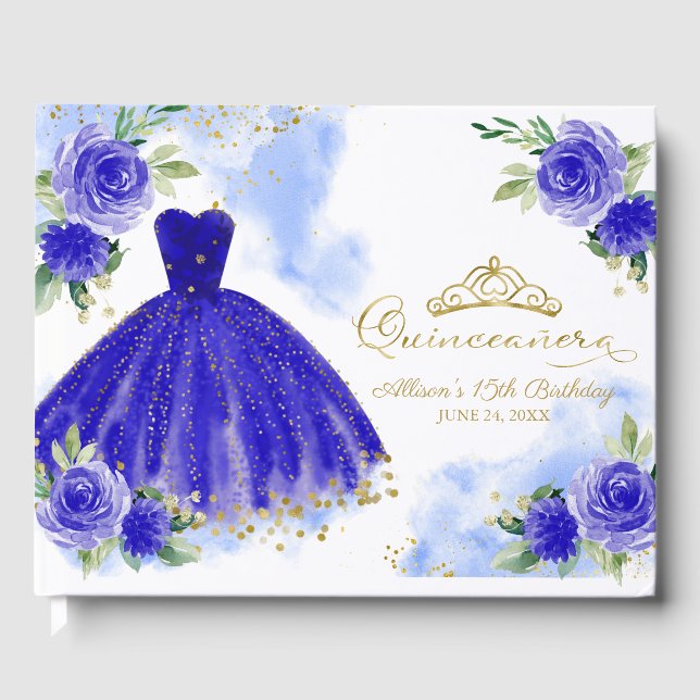 Royal Blue Gown Floral Quinceanera Gästebuch (Vorderseite)