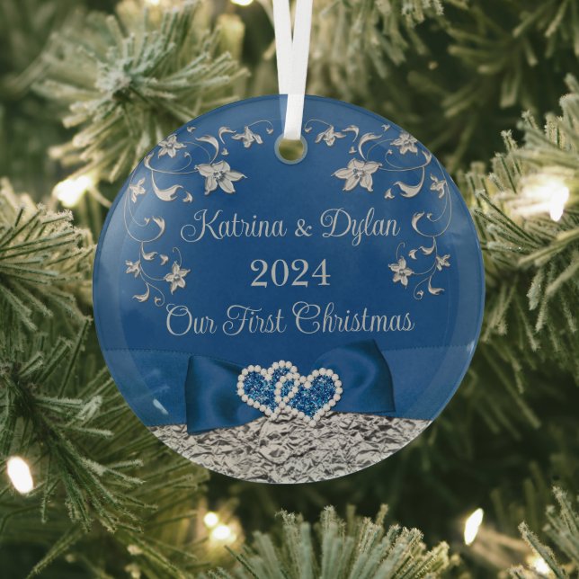 Royal Blue Gray Liebe Hearts Wedding 1. Weihnachts Ornament Aus Glas (InSitu)