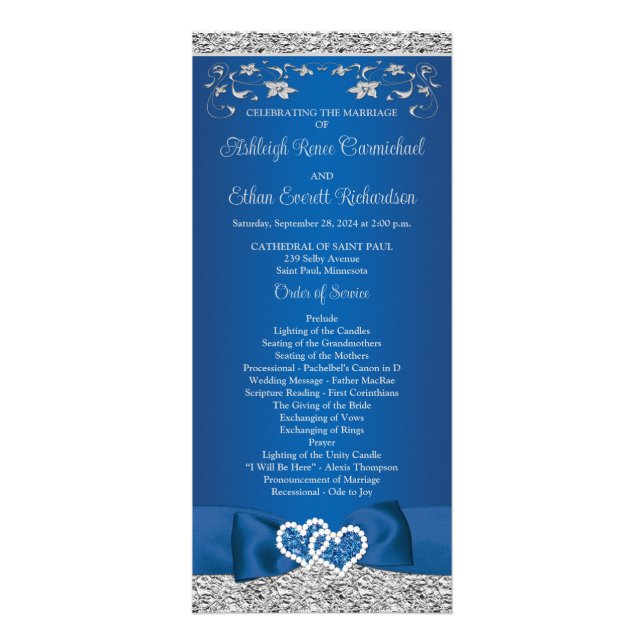 Royal Blue, Gray Liebe Hearts Wedding Program Werbekarte (Vorne)