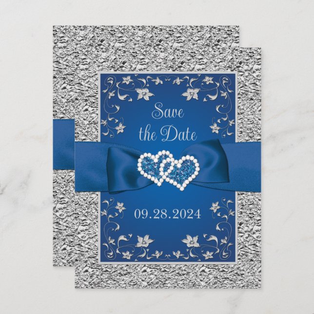 Royal Blue, Gray Liebe Hearts Wedding Save the Dat (Vorne/Hinten)