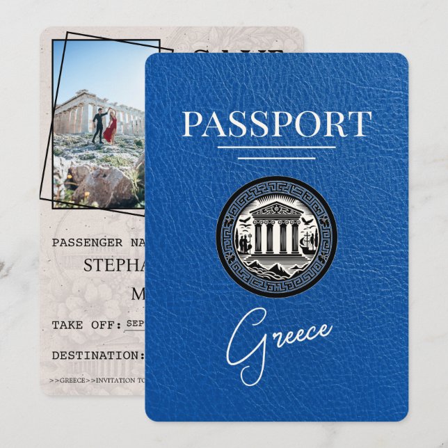 Royal Blue Greece Passport Save the Date Card (Vorne/Hinten)