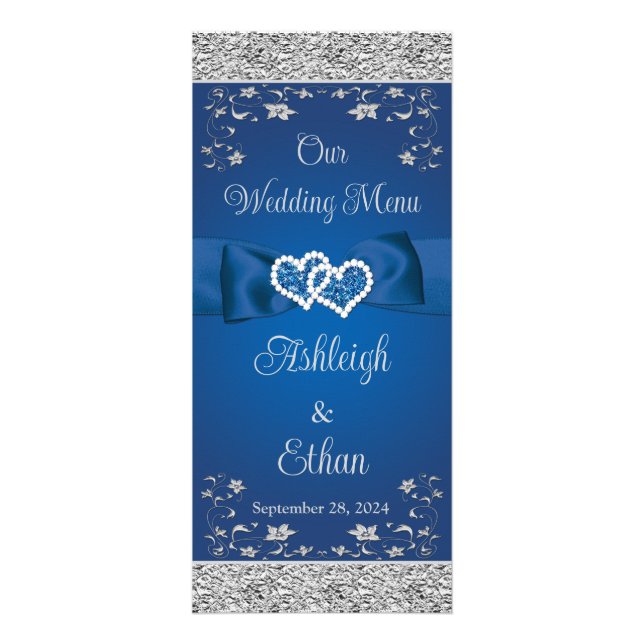 Royal Blue, Grey Liebe Hearts Wedding Menu Werbekarte (Vorne)