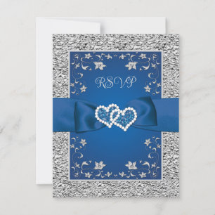 Royal Blue, Grey Liebe Hearts Wedding RSVP Card