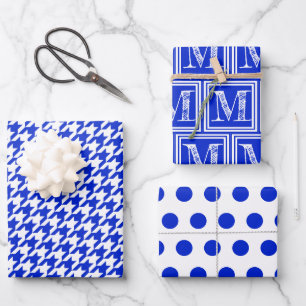 Royal Blue Hahnentrittmuster Monogram Polka Dot Geschenkpapier Set