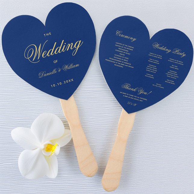 Royal Blue Heart Golden Script Wedding Program Fächer (Von Creator hochgeladen)