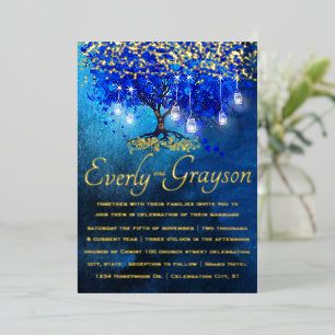 Royal Blue Heart Leaf Tree Gold Wedding Folieneinladung