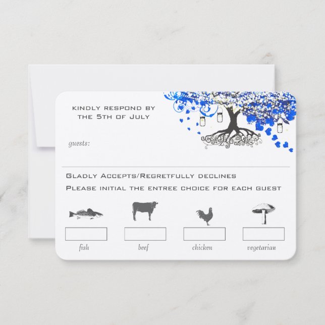 Royal Blue Heart Leaf Tree Mason Jar Menü Auswahl RSVP Karte (Vorderseite)
