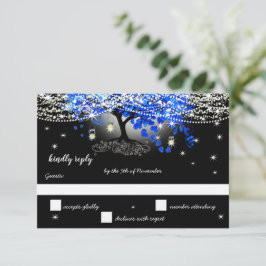 Royal Blue Heart Leaf Tree on Black Wedding RSVP Karte