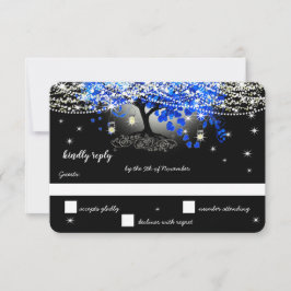 Royal Blue Heart Leaf Tree on Black Wedding RSVP Karte