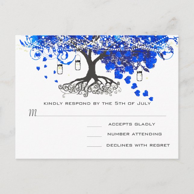 Royal Blue Heart Leaf Tree Wedding Einladungspostkarte (Vorderseite)
