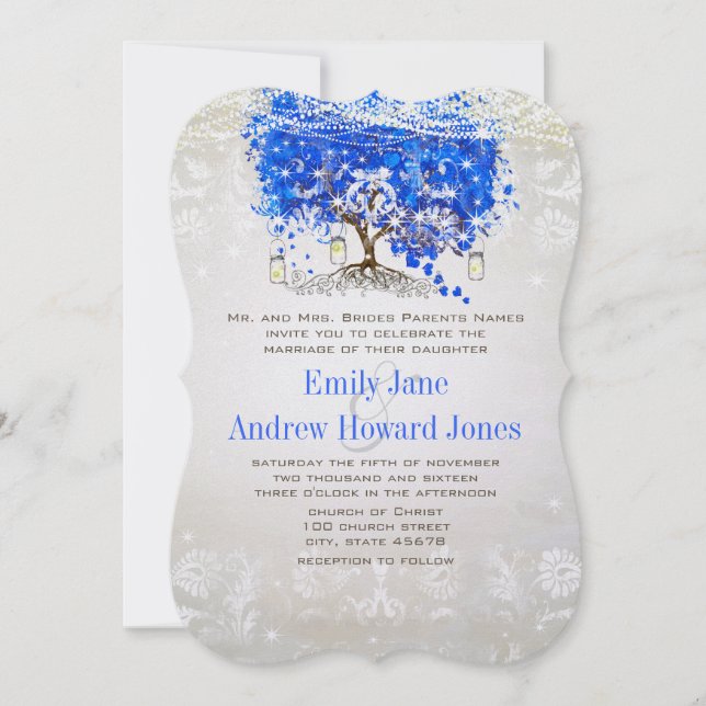 Royal Blue Heart Leaf Tree Wedding Invites Einladung (Vorderseite)