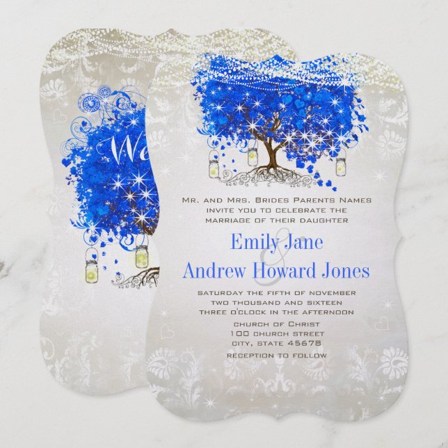 Royal Blue Heart Leaf Tree Wedding Mairtale Einladung (Vorne/Hinten)
