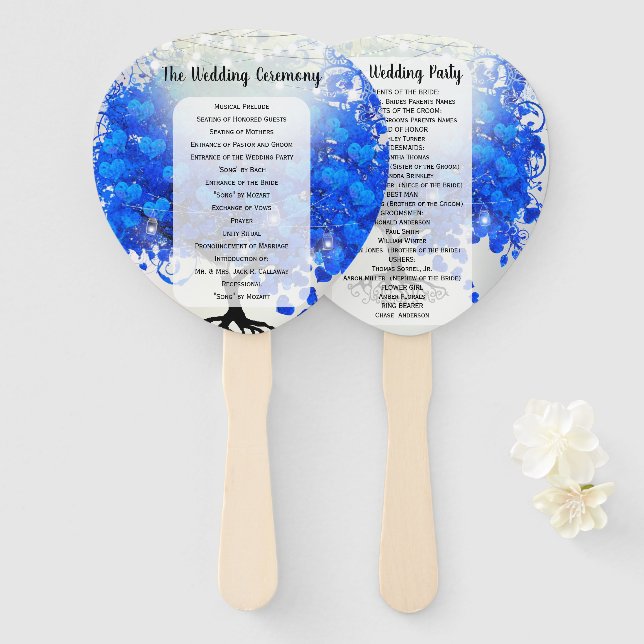 Royal Blue Heart Leaf Tree Wedding Program Fan Fächer (Vorne und Hinten)