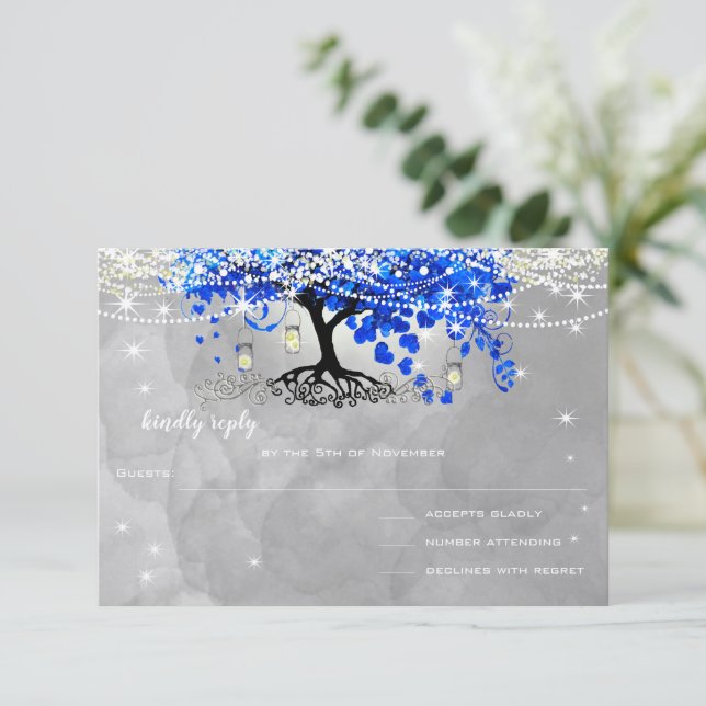 Royal Blue Heart Leaf Tree Wedding RSVP (Stehend Vorderseite)