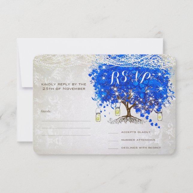 Royal Blue Heart Leaf Tree Wedding RSVP (Vorderseite)