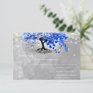 Royal Blue Heart Leaf Tree Wedding RSVP Karte