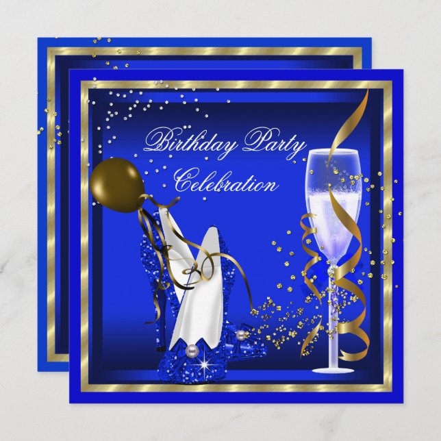 Royal Blue Heelses Gold Glitzer Birthday Party Einladung (Vorne/Hinten)