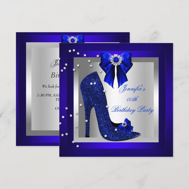 Royal Blue High Heel Shoe Silver Birthday Party Einladung (Vorne/Hinten)