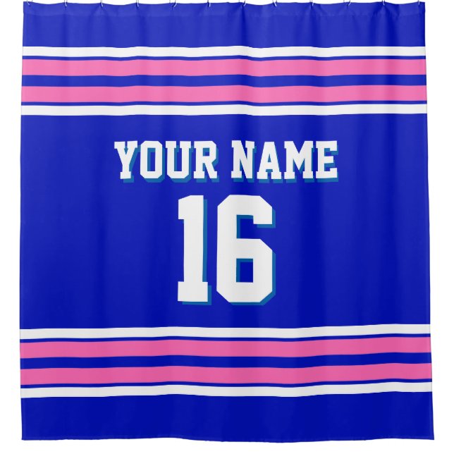 Royal Blue Hot Pink White Stripes Sports Jersey Duschvorhang (Vorderseite)
