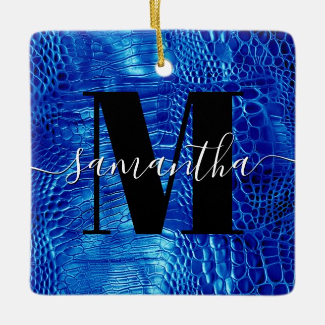 Royal Blue Imitats Leather Monogram Foto Keramikornament (Vorderseite)