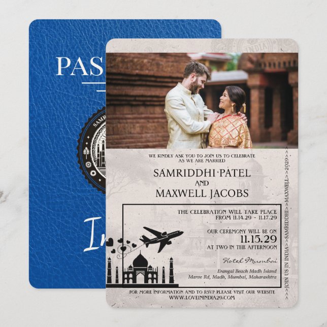 Royal Blue India Passport Hochzeitseinladung Einladung (Vorne/Hinten)