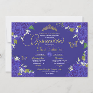 Royal Blue Indigo Rose Tiara Butterfly Quinceanera Einladung