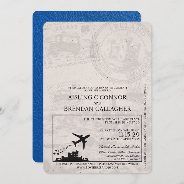 Royal Blue Ireland Passport Hochzeitseinladung Einladung (Vorne/Hinten)