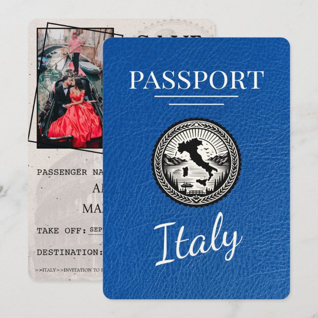 Royal Blue Italy Passport Save The Date (Vorne/Hinten)