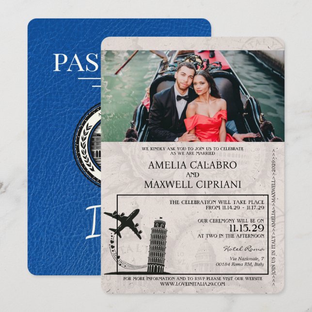 Royal Blue Italy Passport Wedding Einladung (Vorne/Hinten)