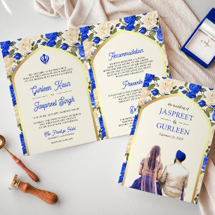 Royal Blue Ivory Floral All in One Sikh Wedding Einladung