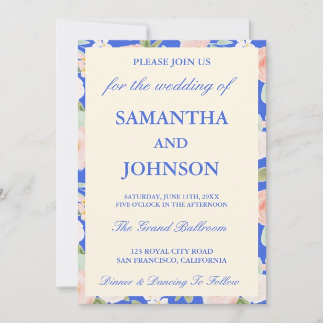 Royal Blue Ivory Floral Monogram Photo Wedding Einladung (Vorderseite)