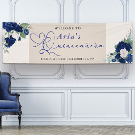 Royal Blue Ivory Floral Rose Quinceanera Willkomme Banner