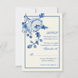 Royal Blue Ivory Toile Floral Wedding RSVP Antwort Einladung