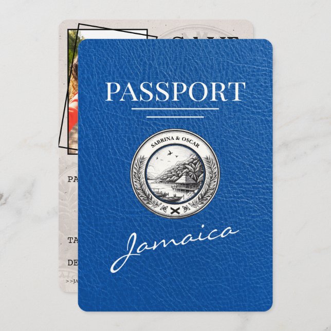 Royal Blue Jamaica Passport Save the Date (Vorne/Hinten)