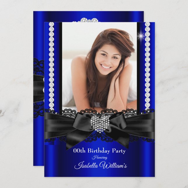Royal Blue Lace Diamond Heart Foto Birthday Party Einladung (Vorne/Hinten)