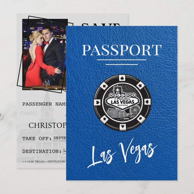 Royal Blue Las Vegas Passport Save the Date (Vorne/Hinten)