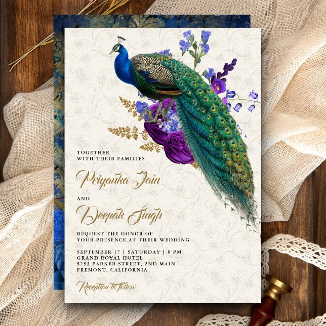 Royal Blue Lila Floral Indian Peacock Wedding Einladung (Von Creator hochgeladen)