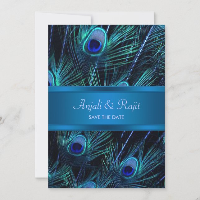 Royal Blue Lila Peacock Feathers Wedding Save The Date (Vorderseite)