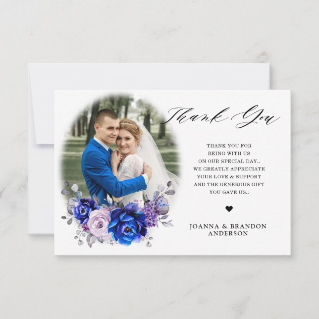 Royal Blue Lilac Lila Floral Wedd Danke Card (Vorderseite)